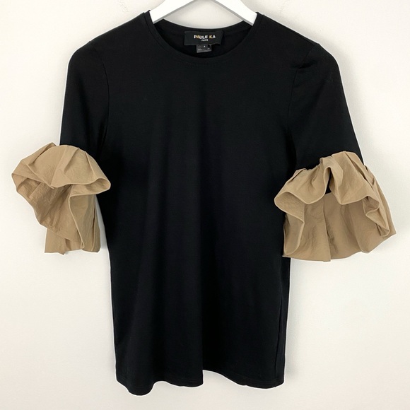 Tee-shirt PAULE KA En Modal Soie - Taille 36, Beige Et Marron - Manches Trois-quarts - Occasion Très Bon état